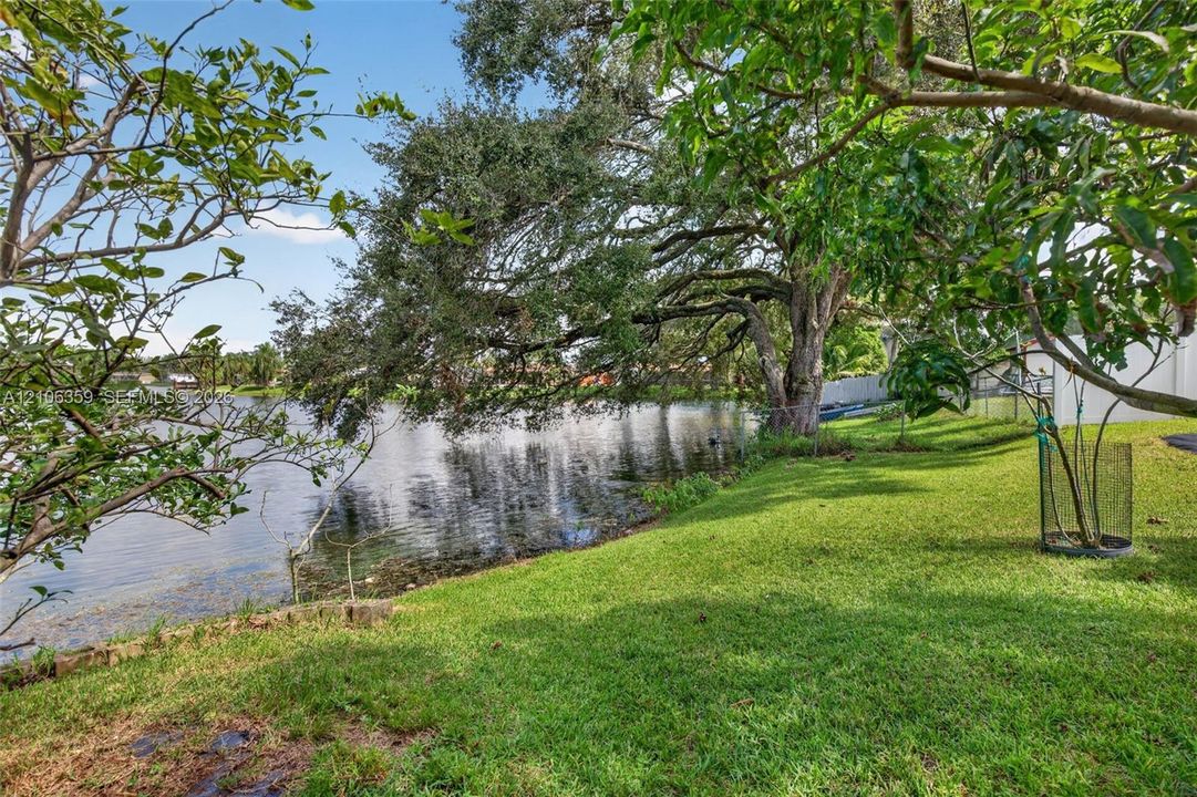 Waterfront grounds featuring mature canopy trees and manicured lawn space