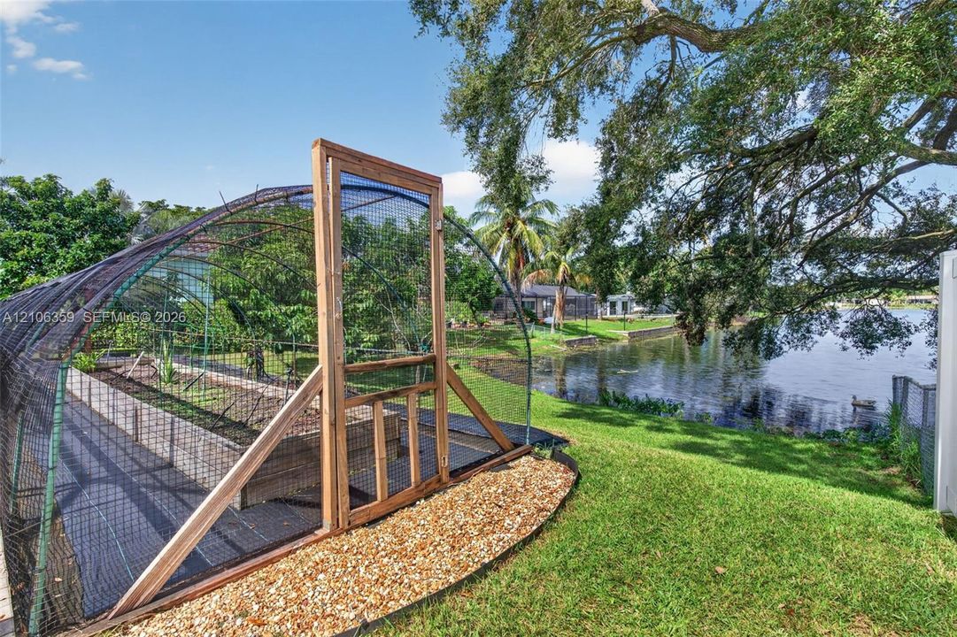 Outdoor garden enclosure featuring a wood-framed structure with mesh screening, elevated garden beds, a gravel border, and water frontage