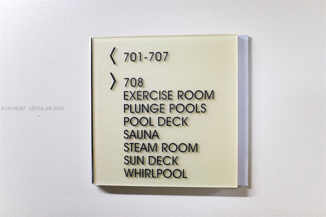 Building directory signage featuring an exercise room, plunge pools, sauna, steam room, and whirlpool
