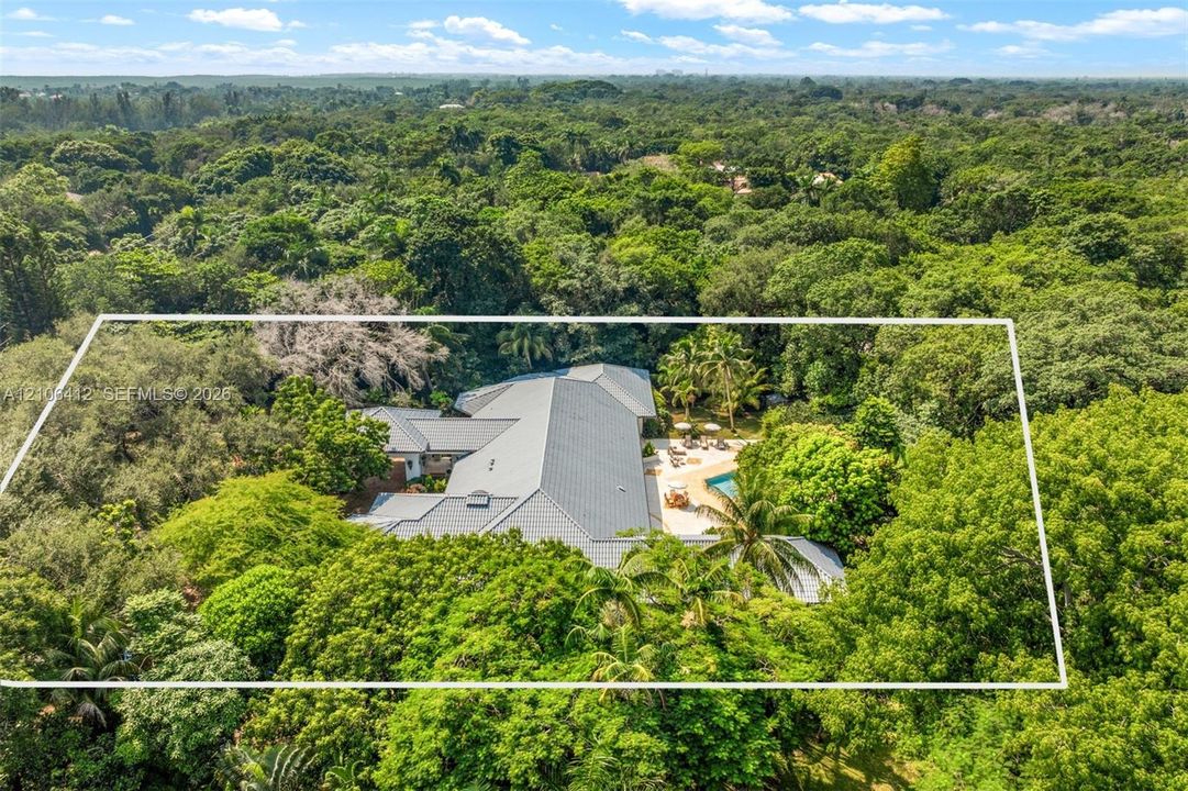 Aerial perspective of a sprawling residence featuring a multi-hipped roofline, an integrated swimming pool, and extensive surrounding tree canopy