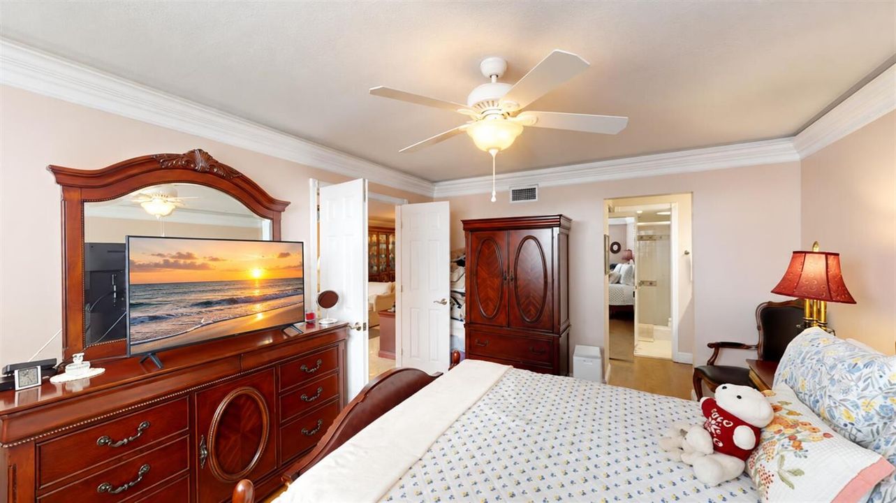 Golden-hour beach TV, warm bedroom glow