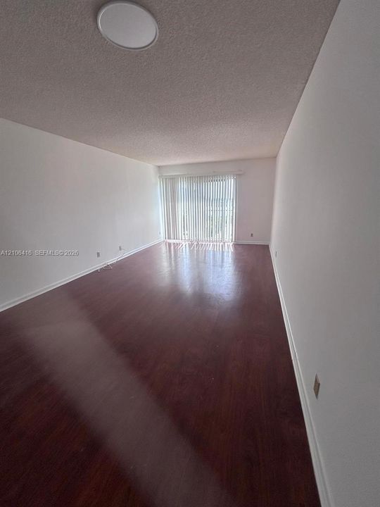 Room featuring wood-finish flooring, neutral walls, a flush-mount ceiling light, and vertical blinds covering a sliding glass door