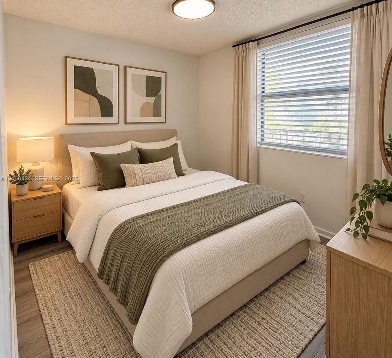 Neutral-toned bedroom featuring wood-finish.Edit with IA
