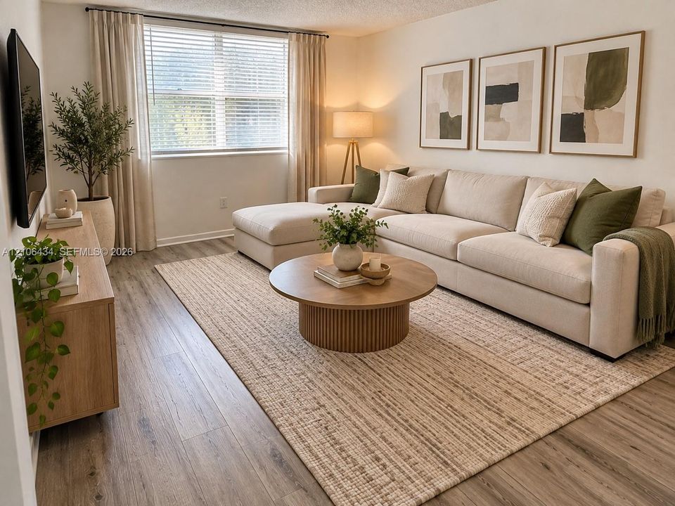 Living area featuring wood-finish flooring, a large window with horizontal blinds, and neutral wall tones Edit with IA