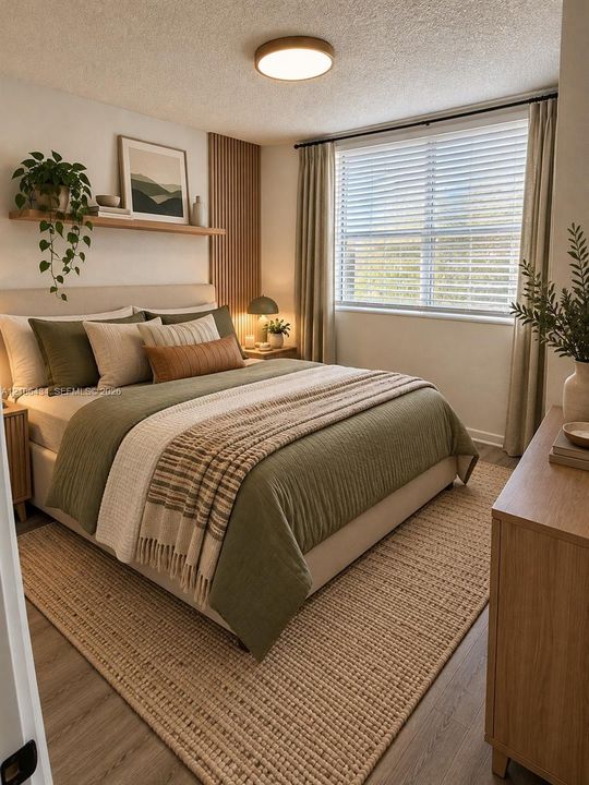 Wood-finish flooring, vertical slat accent wall Edit with IA detailing, floating wall-mounted shelf, flush-mount circular ceiling fixture, and dual-track window treatment Edit with IA