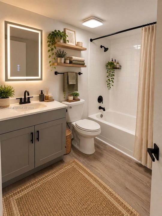 Grey vanity with white countertop, integrated sink, matte black hardware, backlit mirror, and tub-shower combination with matte black fixtures