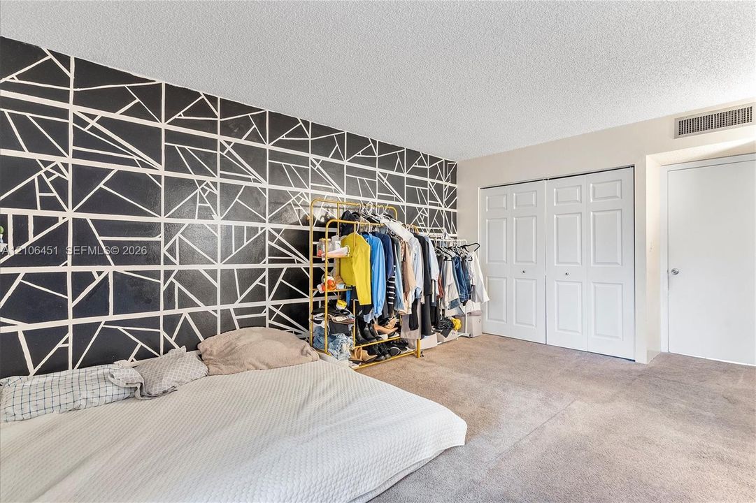 Geometric patterned accent wall, neutral carpeting, and dual-panel closet doors