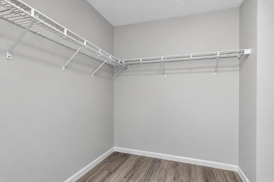 Empty walk-in closet with wire shelving-