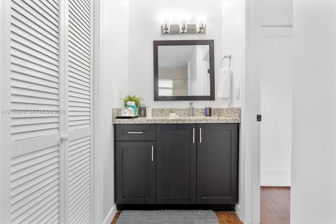 Dark-finish cabinetry vanity with stone-style countertop, square mirror, three-light wall fixture, and built-in louvered-door closet
