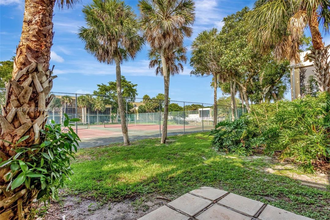 Tennis court with a chain-link fence, concrete patio pavers, and mature palm trees