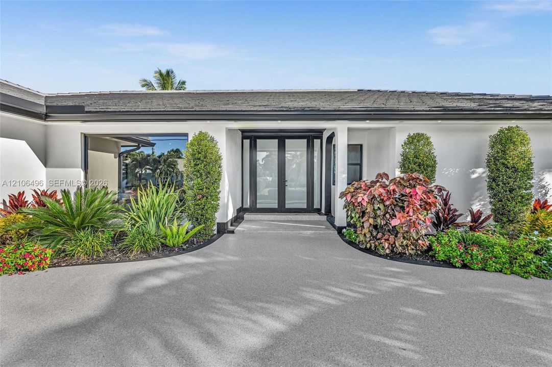 Contemporary exterior featuring a textured concrete driveway, dual glass entry doors with dark frames, and manicured landscaping