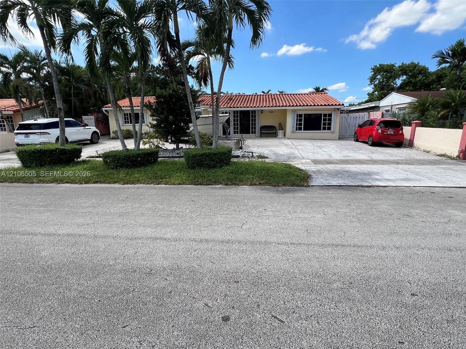 Single-story residence featuring a tile roof, expansive concrete driveway, masonry perimeter wall, and mature palm landscaping