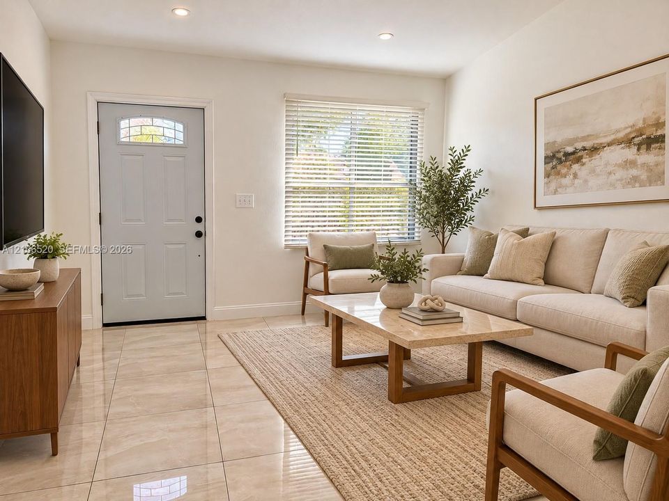 Light-filled room featuring large-format polished tile flooring, recessed lighting, and a front entry door with a decorative transom window