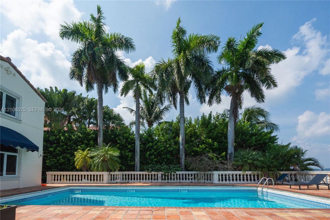 Rectangular swimming pool surrounded by a terracotta tile patio, enclosed by a classic stone balustrade, and bordered by mature palm trees and lush privacy hedging