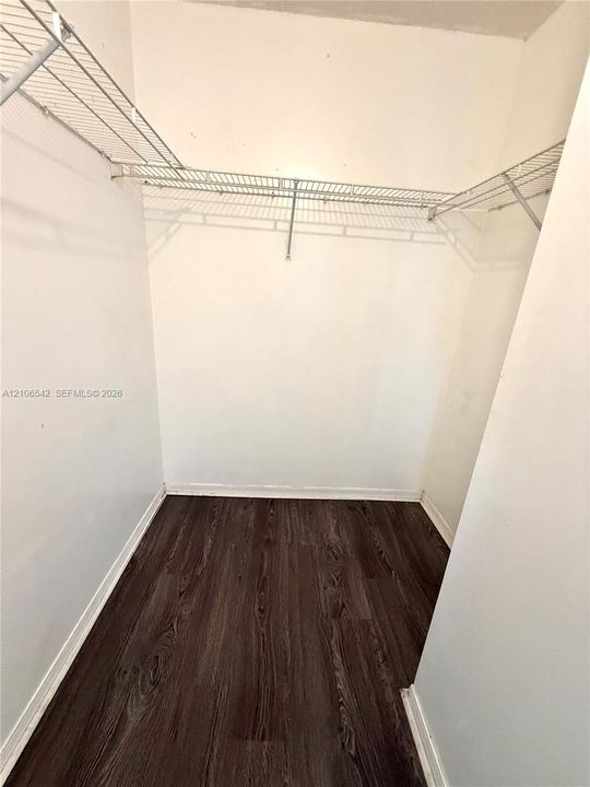 Walk-in storage space featuring dark wood-finish flooring and dual-tier wire shelving