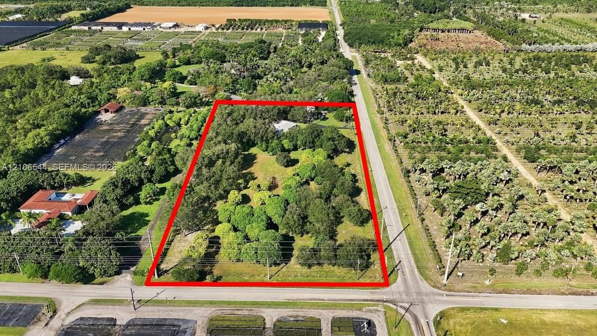 Expansive parcel featuring mature trees, cleared open space, and paved road frontage