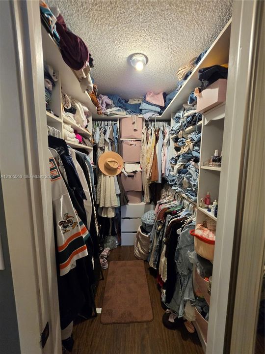 Walk-in closet featuring white built-in shelving, integrated hanging rods, and wood-finish flooring