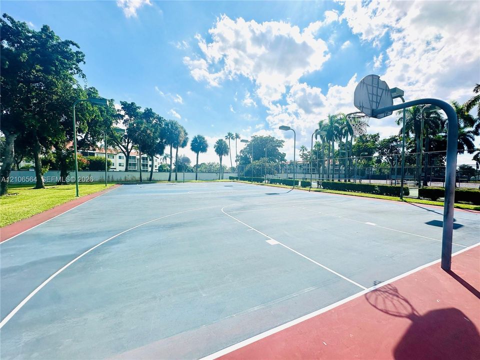 Outdoor basketball court featuring multi-colored hardscaping, integrated lighting, and perimeter landscaping