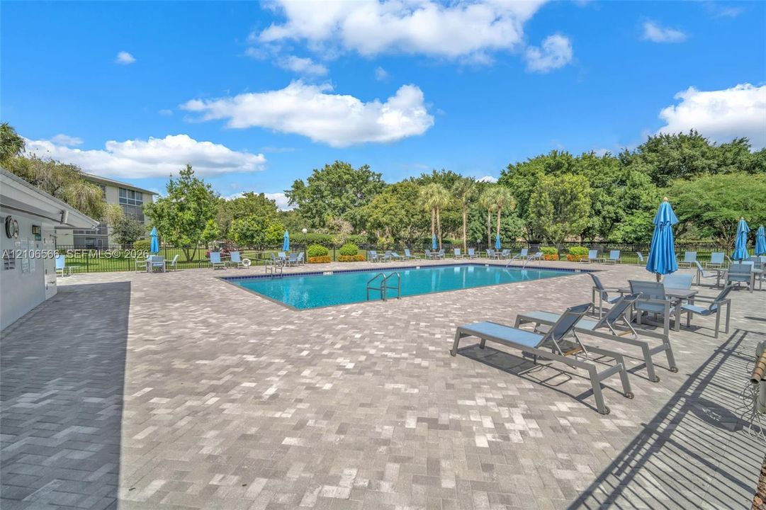 Outdoor swimming pool featuring a rectangular design, stainless steel pool ladder, surrounding paver decking, and mature perimeter landscaping