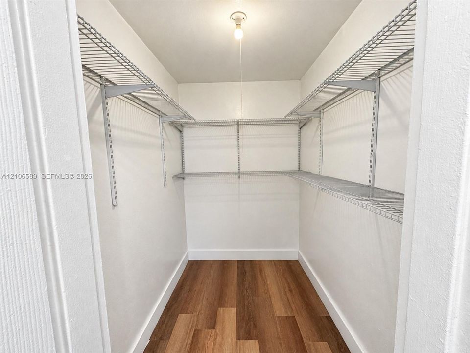 Walk-in closet featuring wood-finish flooring, multi-level wire shelving, and a ceiling-mounted light fixture