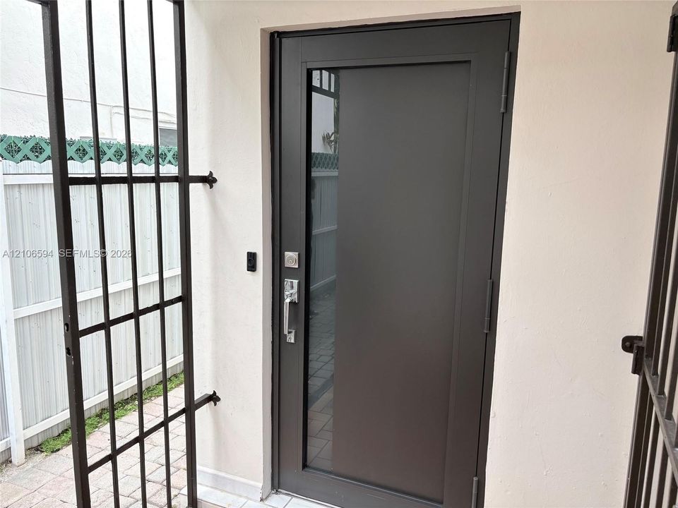 Modern entry door featuring a matte charcoal finish, integrated vertical glass pane, and polished silver-tone lever hardware, framed by black metal security gates