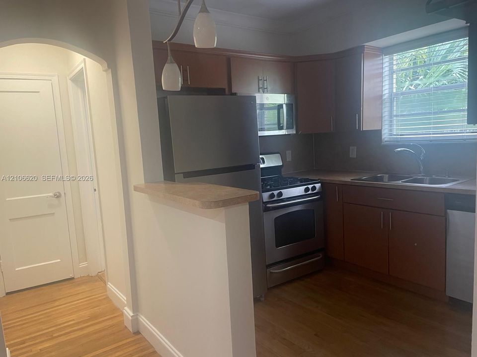 Kitchen featuring wood cabinetry, stainless steel appliances, wood-finish flooring, a pass-through counter, and arched entryway
