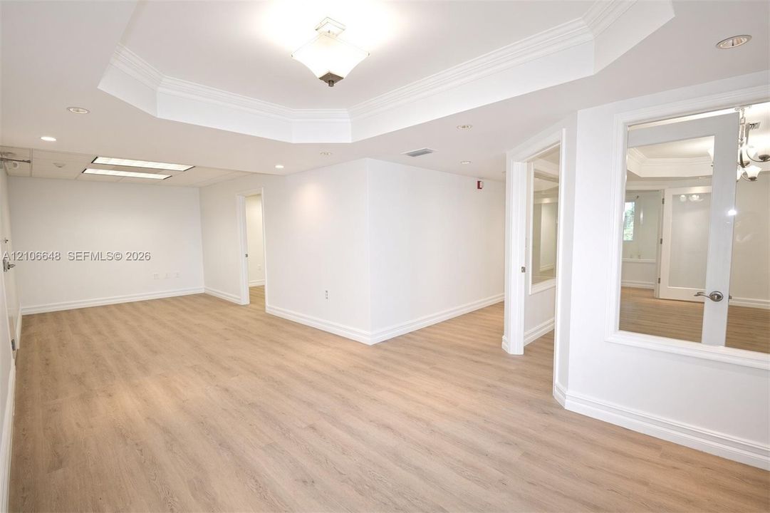 Tray ceilings with recessed lighting, wood-finish flooring, and glass-paneled interior doors