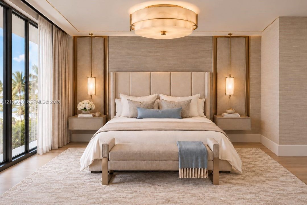 Room featuring floor-to-ceiling windows, dual built-in floating bedside consoles, custom gold-accented wall paneling, pendant lighting, and a tiered circular ceiling fixture