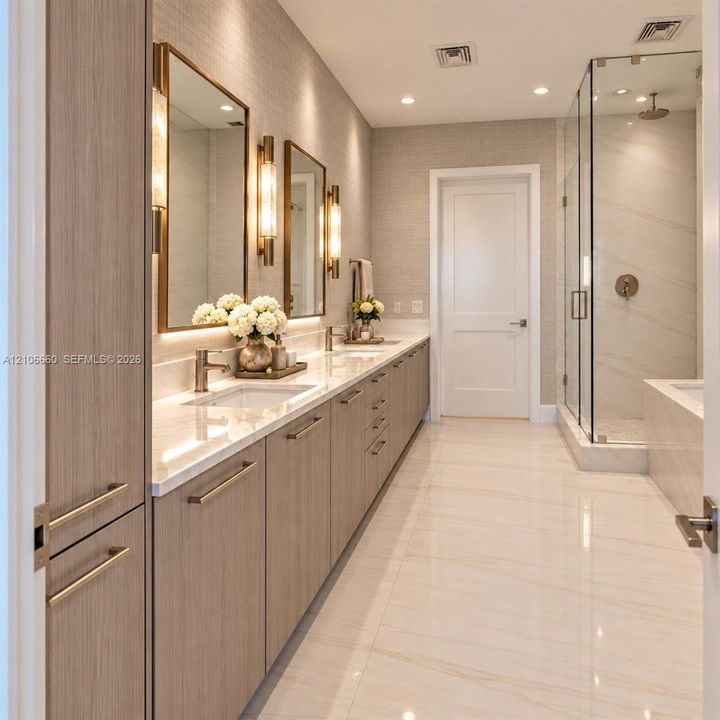 Dual-sink vanity with light-tone wood cabinetry, stone-finish countertops, brass-finish wall-mounted lighting, and a glass-enclosed walk-in shower