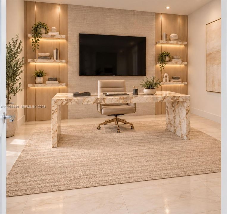 Custom floor-to-ceiling accent wall with integrated wood paneling, textured wall surfacing, and six floating shelves featuring recessed under-shelf lighting