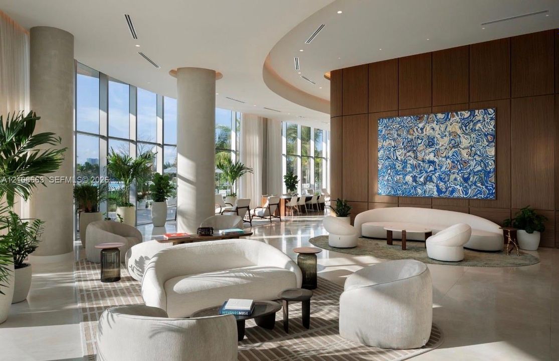 Floor-to-ceiling glass walls, curved architectural detailing, smooth stone flooring, and expansive wood-paneled accent walls