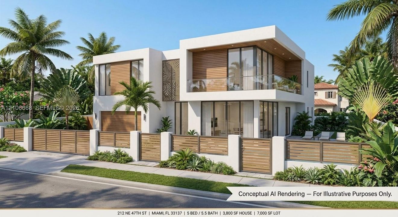 Modern two-story architectural exterior featuring smooth stucco siding, horizontal wood-slat accents, floor-to-ceiling glass windows, a private second-level balcony with a glass railing, and a fenced perimeter with integrated wood-slat gates
