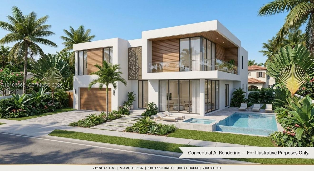 Modern two-story exterior featuring a white stucco facade, wood-finish siding accents, floor-to-ceiling glass paneling, a second-story balcony with a glass railing, and a ground-level swimming pool with a spa