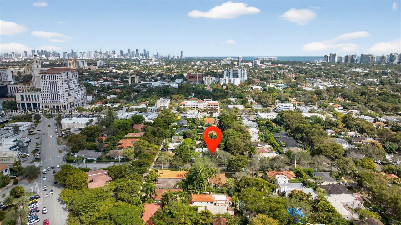 Aerial perspective of a property nestled within a mature, tree-lined residential canopy, featuring proximity to urban infrastructure and a coastal city skyline