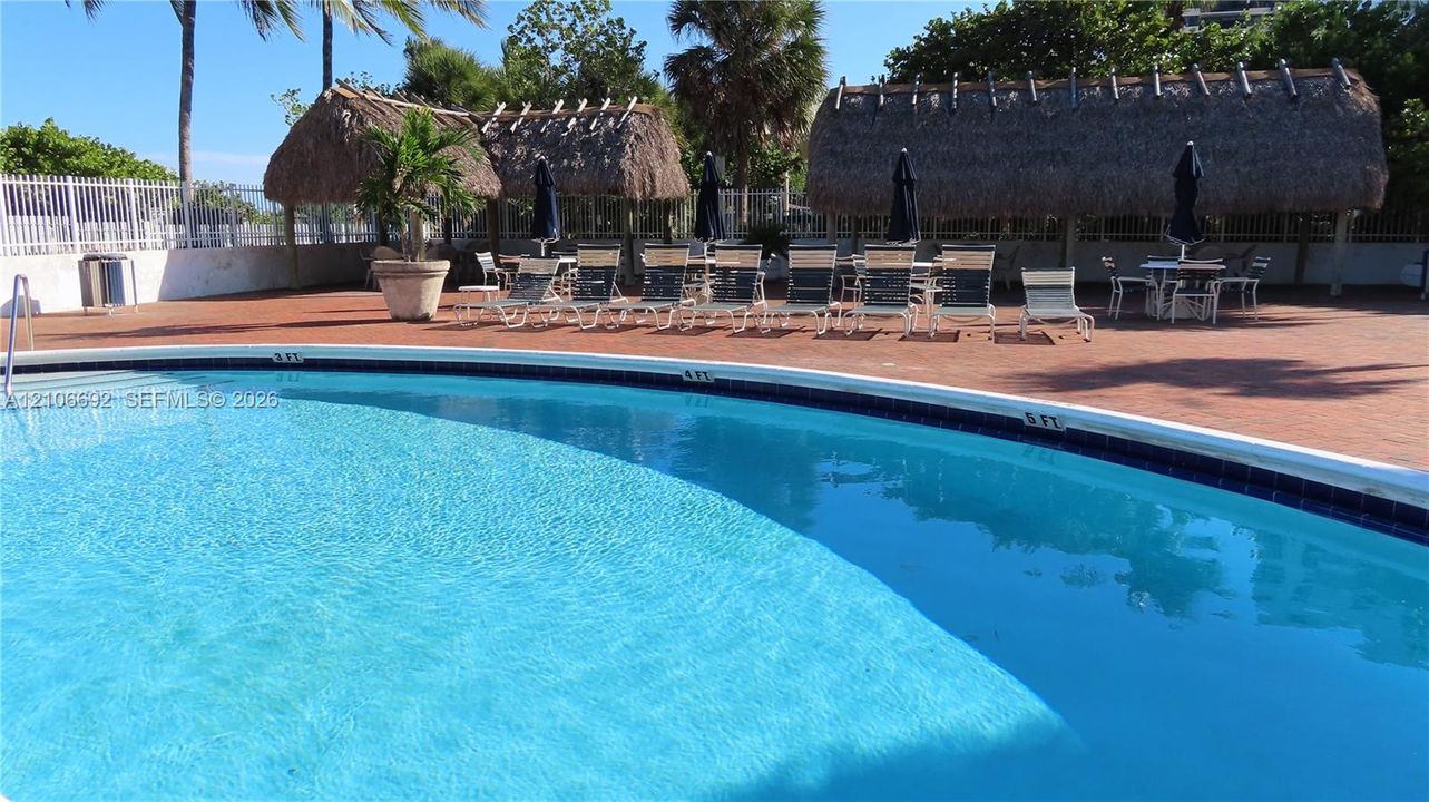 Curved swimming pool featuring a brick paver deck and multiple thatched-roof structures