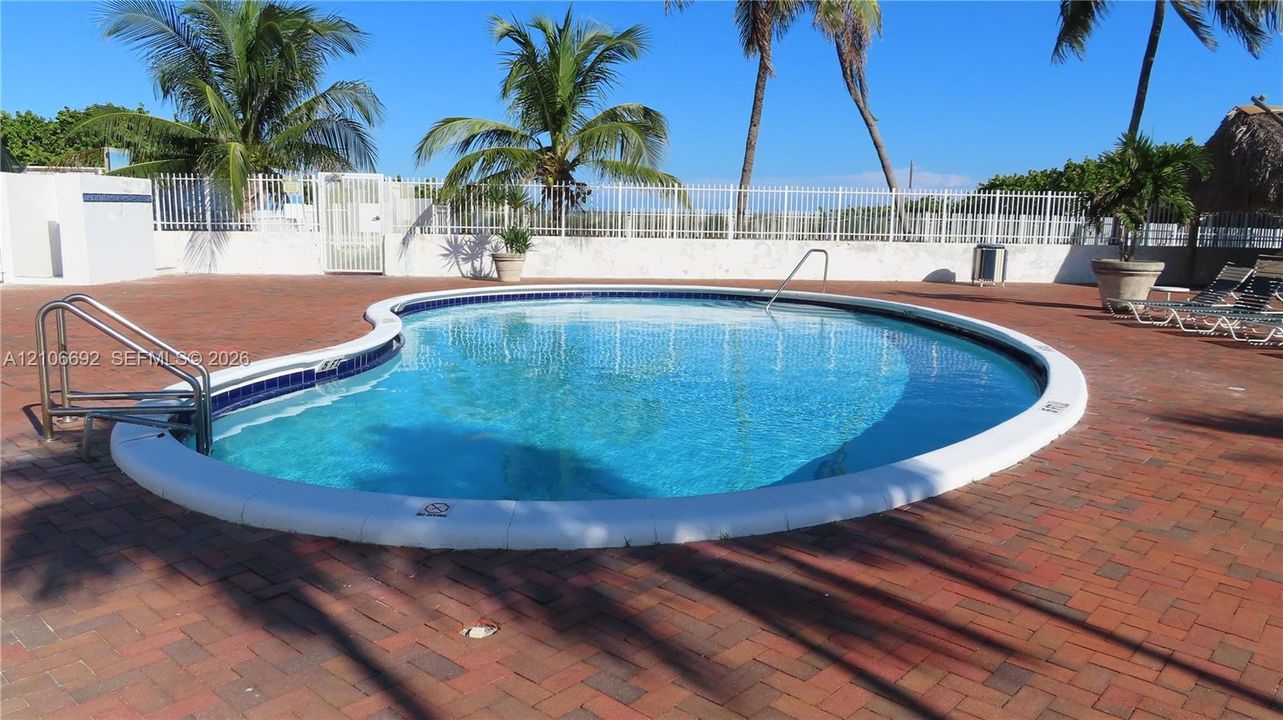 Kidney-shaped pool with blue tile border, metal entry handrails, and a surrounding brick paver deck, enclosed by a white privacy fence and mature palm trees