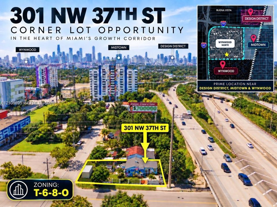 Aerial perspective of a corner lot featuring T-6-8-0 zoning, situated in an urban environment with direct proximity to major thoroughfares