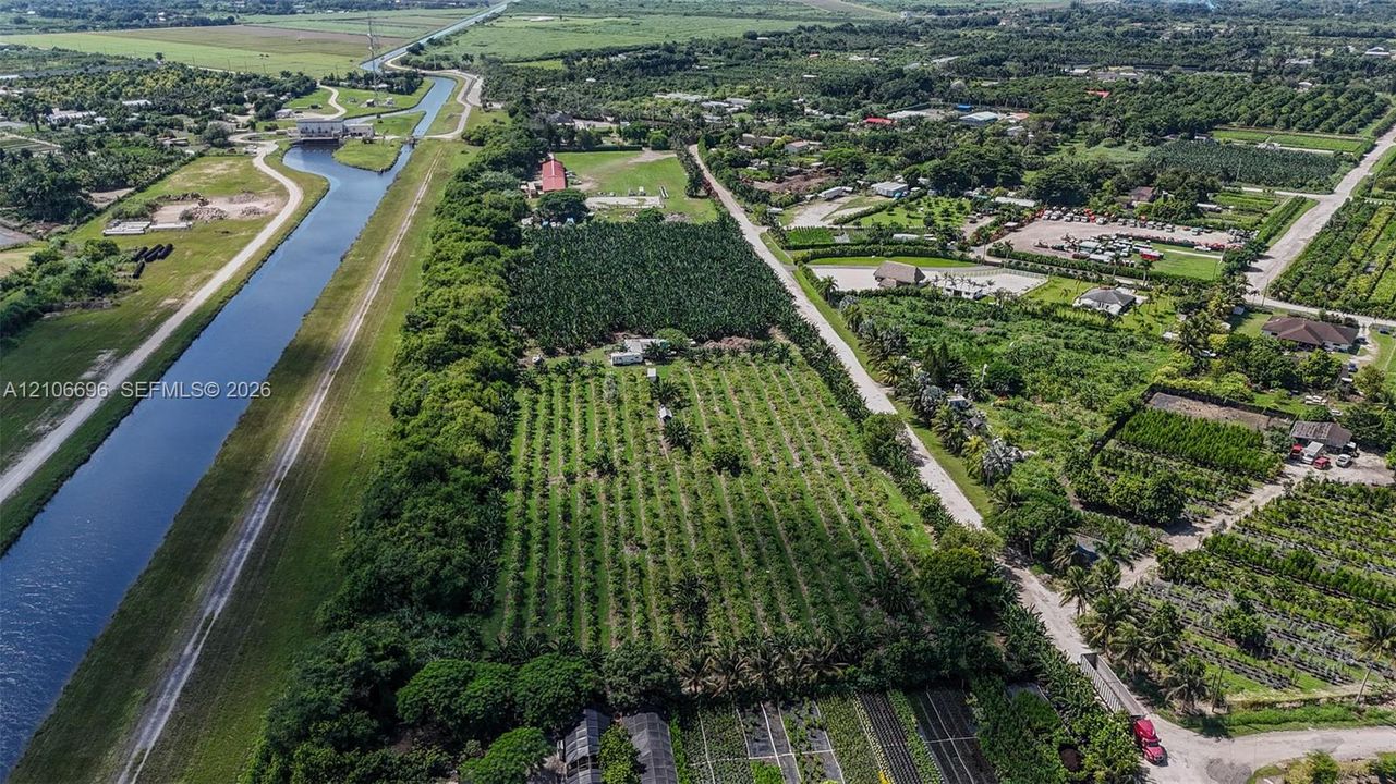 Aerial perspective of expansive agricultural acreage featuring mature groves, cultivated planting rows, and direct canal frontage