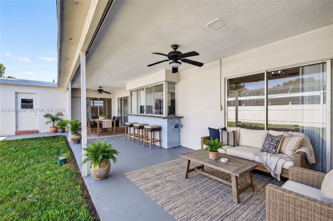 Backyard w/ covered patio & fans