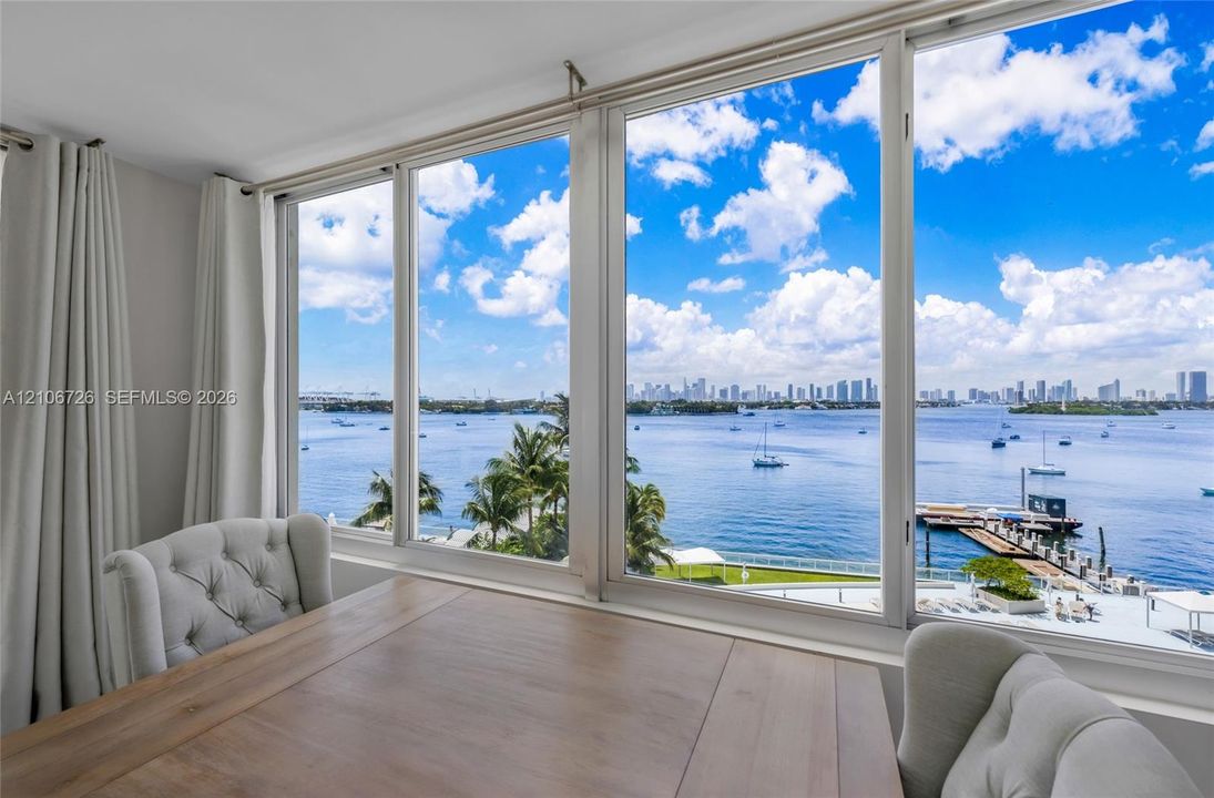 Floor-to-ceiling windows featuring panoramic water and city skyline horizons