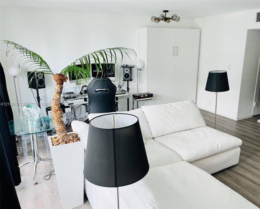 Living area featuring wood-finish flooring, built-in floor-to-ceiling cabinetry, and a multi-globe ceiling-mounted light fixture