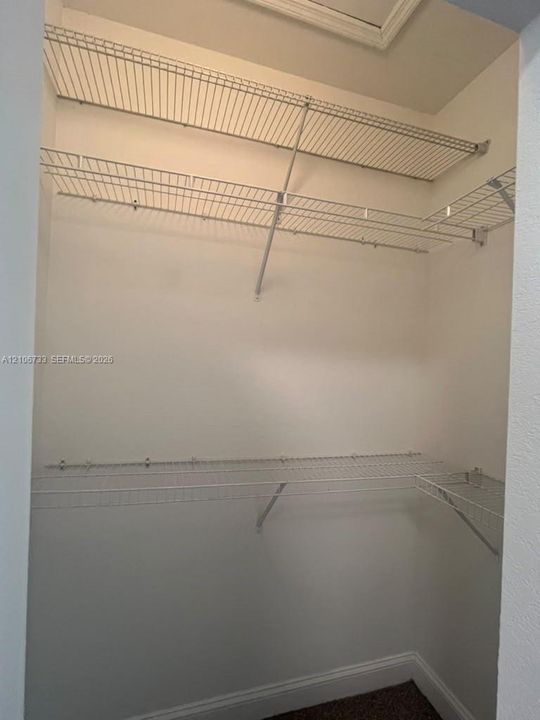 Storage space featuring white wire shelving units and carpeted flooring