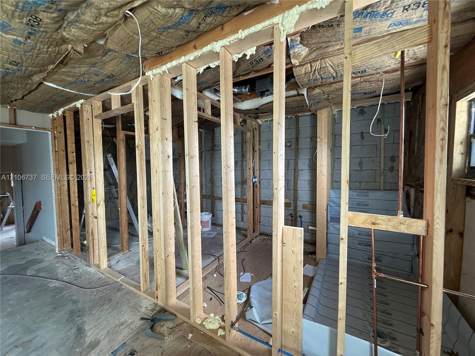 Exposed timber stud wall framing with concrete block masonry foundation, fiberglass batt insulation, and pre-installed shower pan