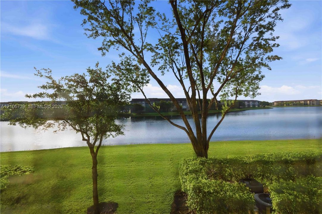Waterfront setting featuring a grassy lawn, mature trees, and manicured shrubbery