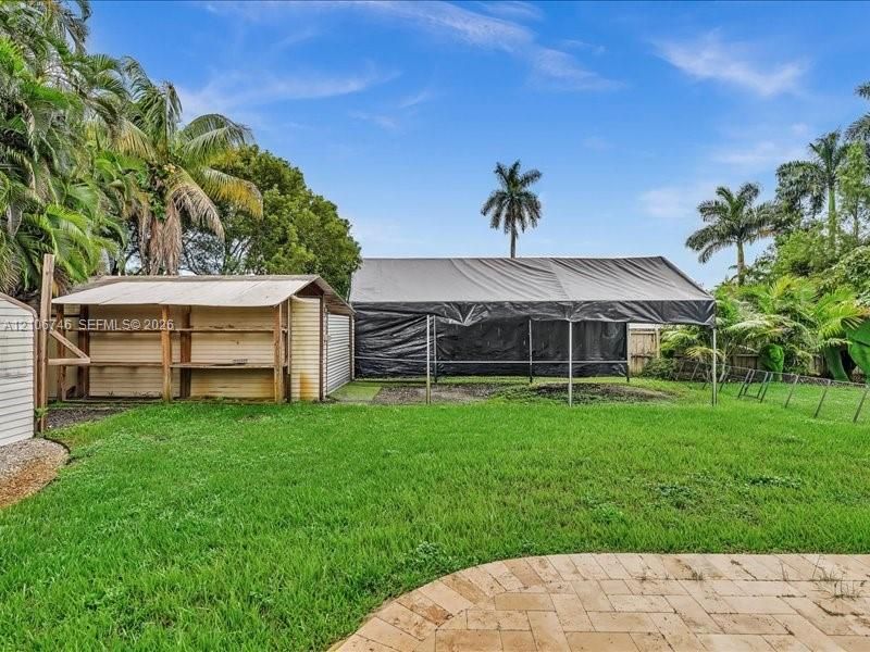 Backyard featuring a grass lawn, paved stone patio, mature palm trees, and two outdoor structures