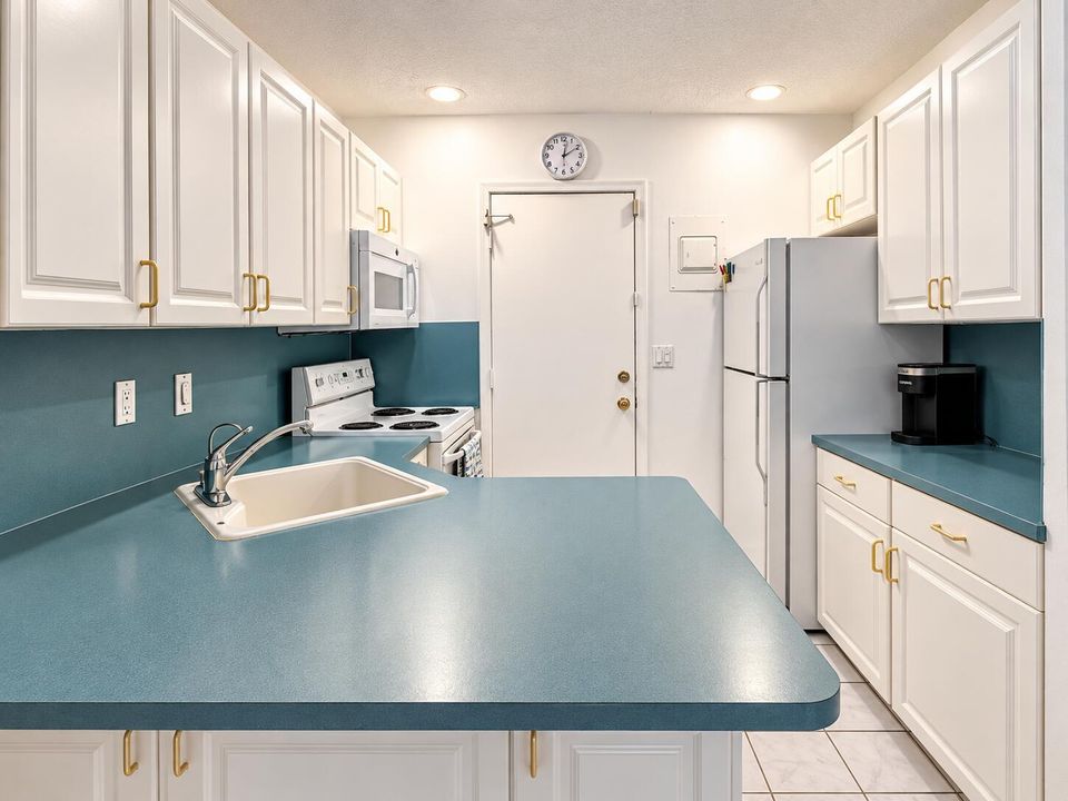 Bright Teal and White Galley Kitchen