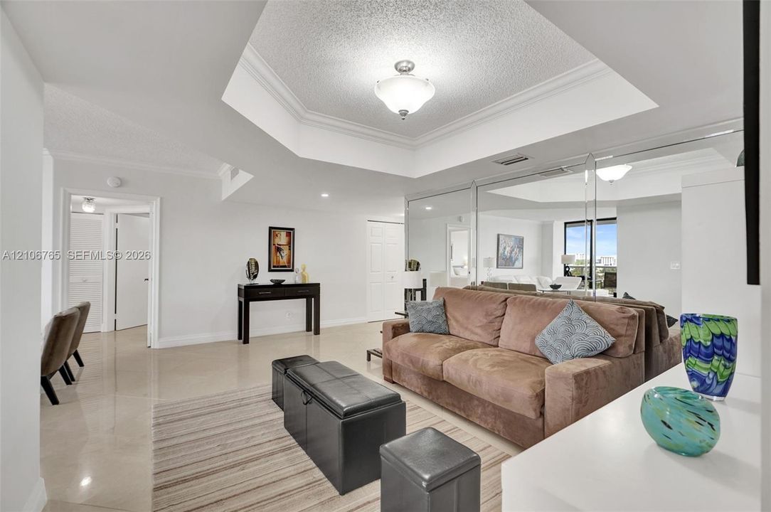 Dining room used as a den, octagonal tray ceiling with recessed lighting and neutral wall finishes, mirrored wall.