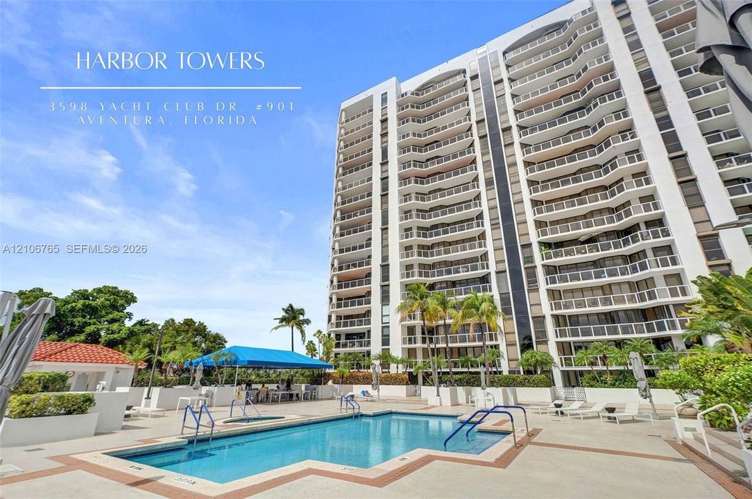 High-rise building exterior, tiered balconies, swimming pool, paved pool deck, and beautiful landscaping