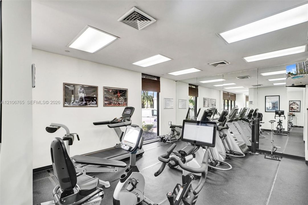 Fitness space, resilient rubber flooring, expansive wall-to-wall mirrors, recessed lighting, and large windows.