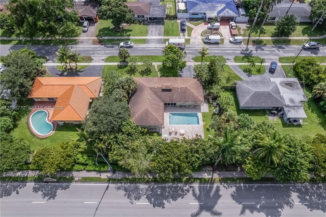 Aerial perspective featuring a shingled roofline, rectangular in-ground swimming pool, paved patio, and established perimeter landscaping on a lot with mature trees